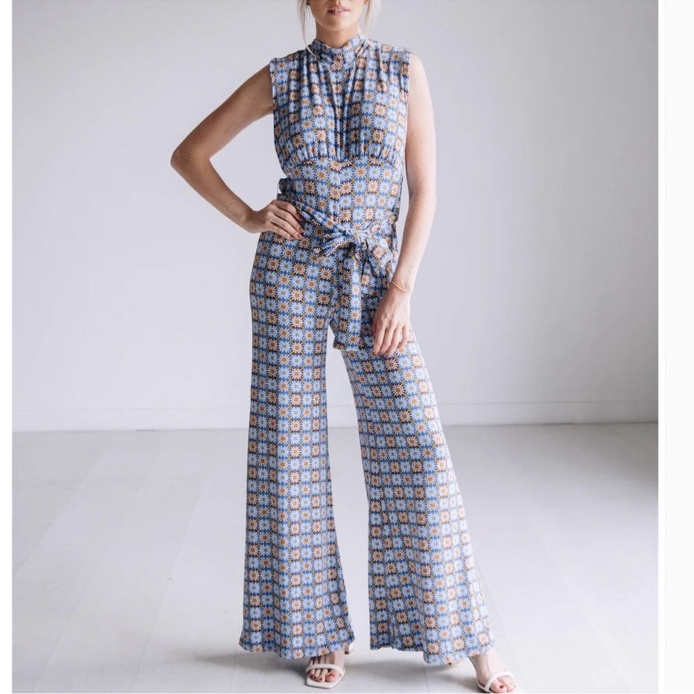 Free People Vibe Check One Piece Flared Leg Jumpsuit in Blue Combo Small